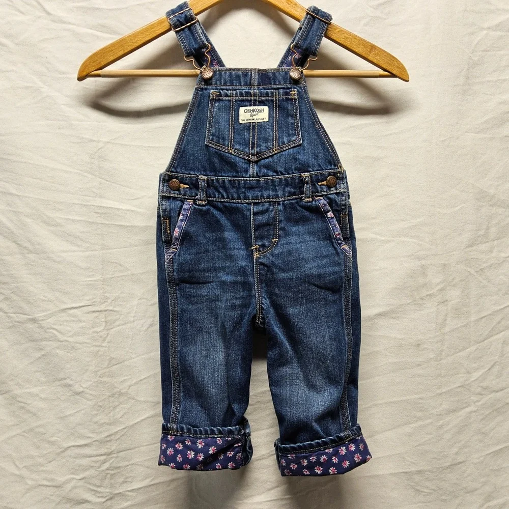 OshKosh B'gosh Denim Overalls Toddler Girls 18M Blue Floral Trim Vestbak